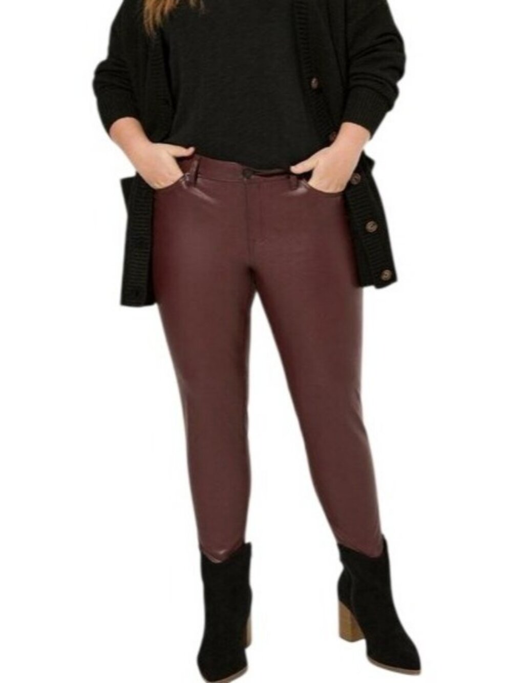 Skinny Faux Leather Mid Rise Tummy Control Pant in Maroon 5X 4X 3X 2X Plus Size